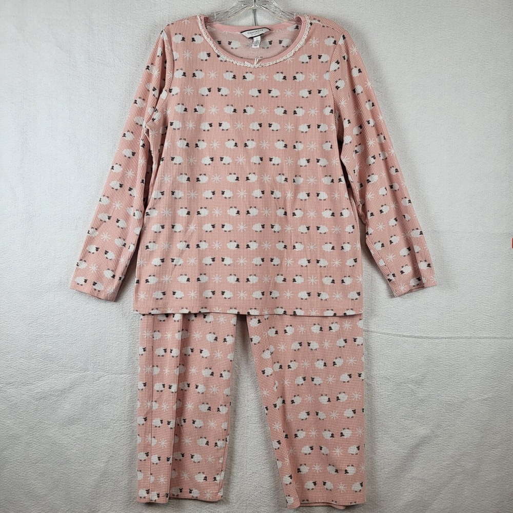 Charter Club Intimates Pink Sheep Print Waffle‎ Knit Pajama Set Women's Large